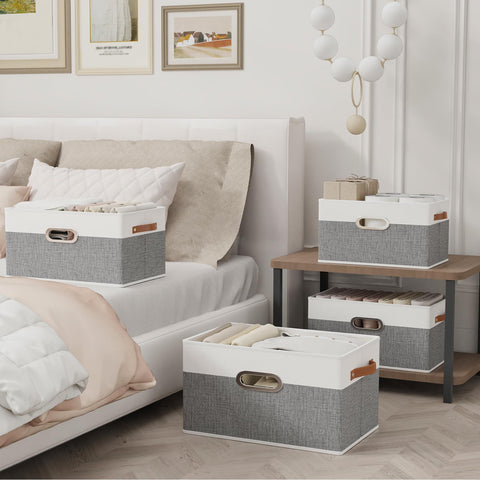 Yawinhe gray storage basket on a shelf demonstrating tidy closet organization.