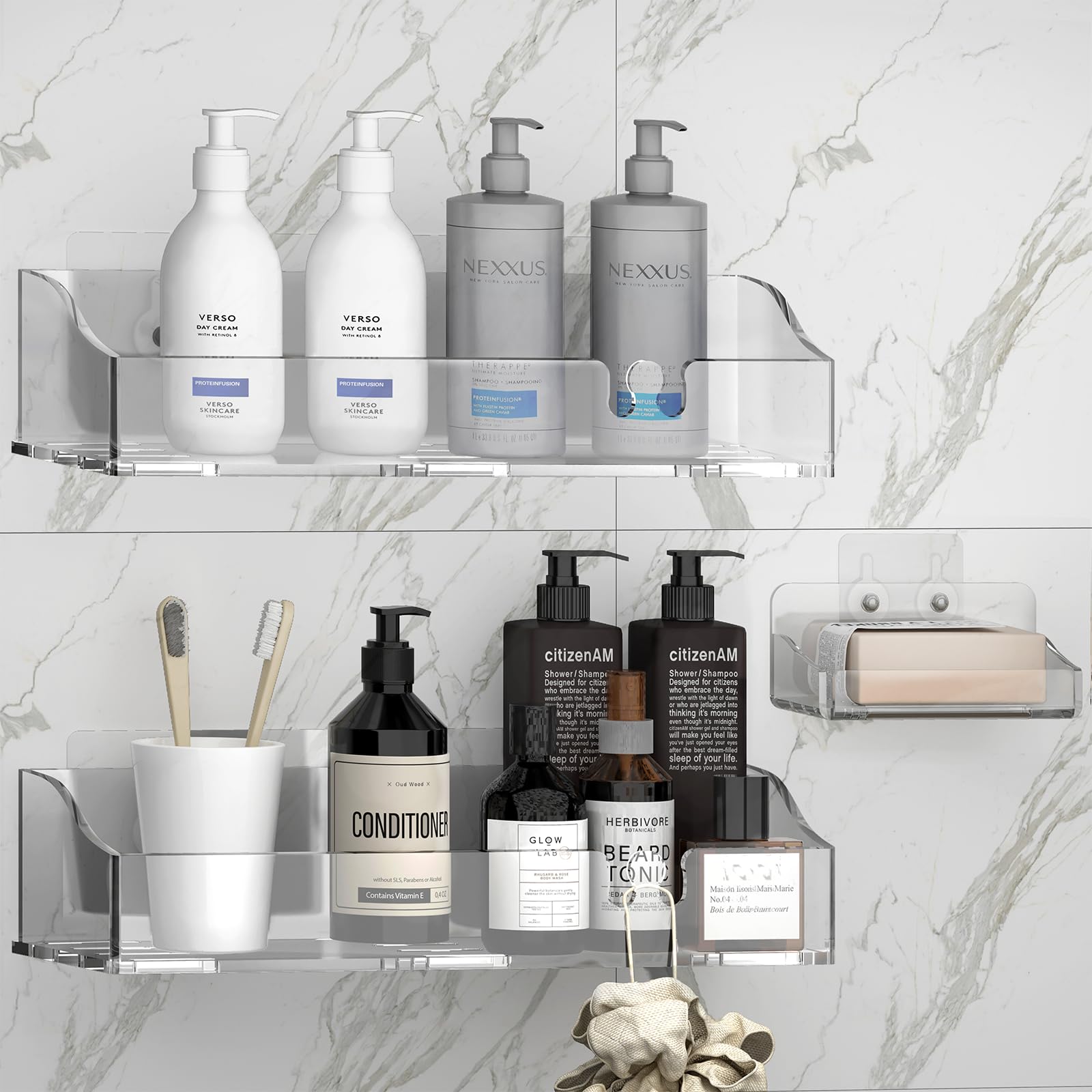 YAWSOUP acrylic shower shelves 3-pack offers clear wall-mounted storage for toiletries.