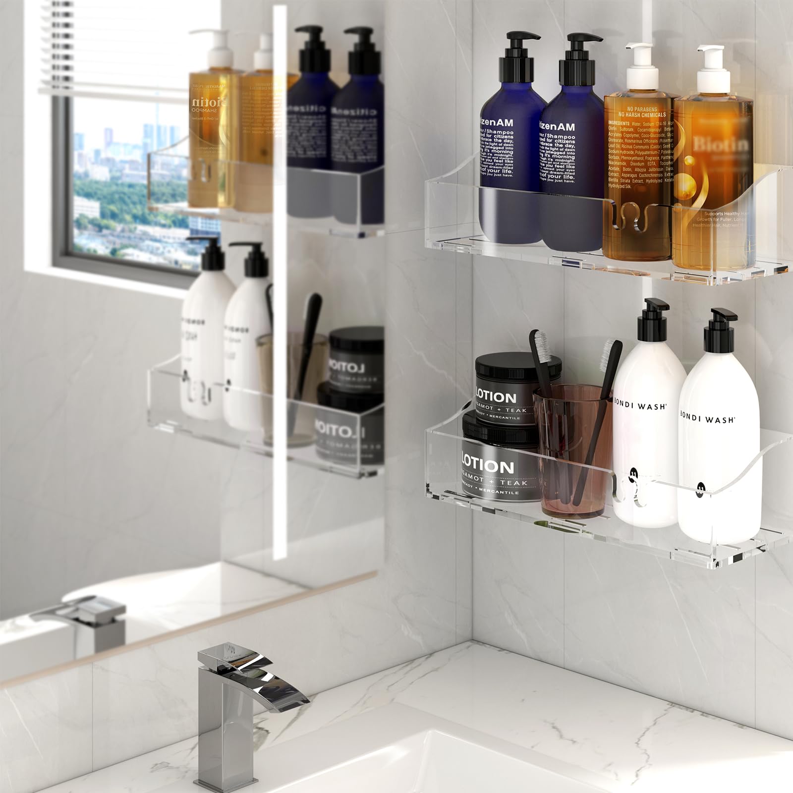 YAWSOUP adhesive wall mount design secures securely without drilling for a tidy bathroom.