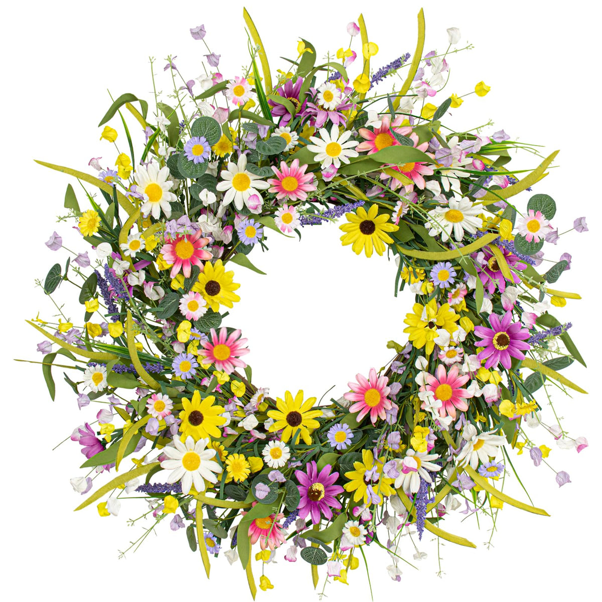 Yawwind 22-inch summer wreath on front door with daisies and lavender for curb appeal.