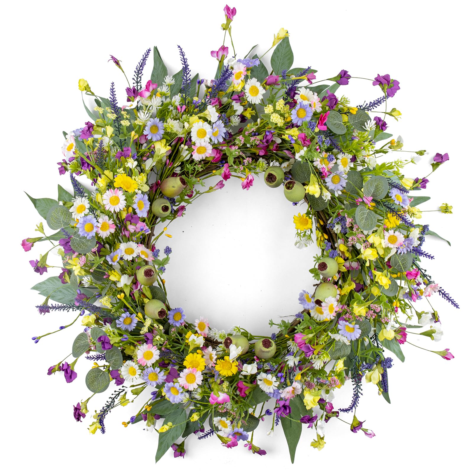 Yawwind 22 inch spring wreath on front door with wildflowers enhances curb appeal.