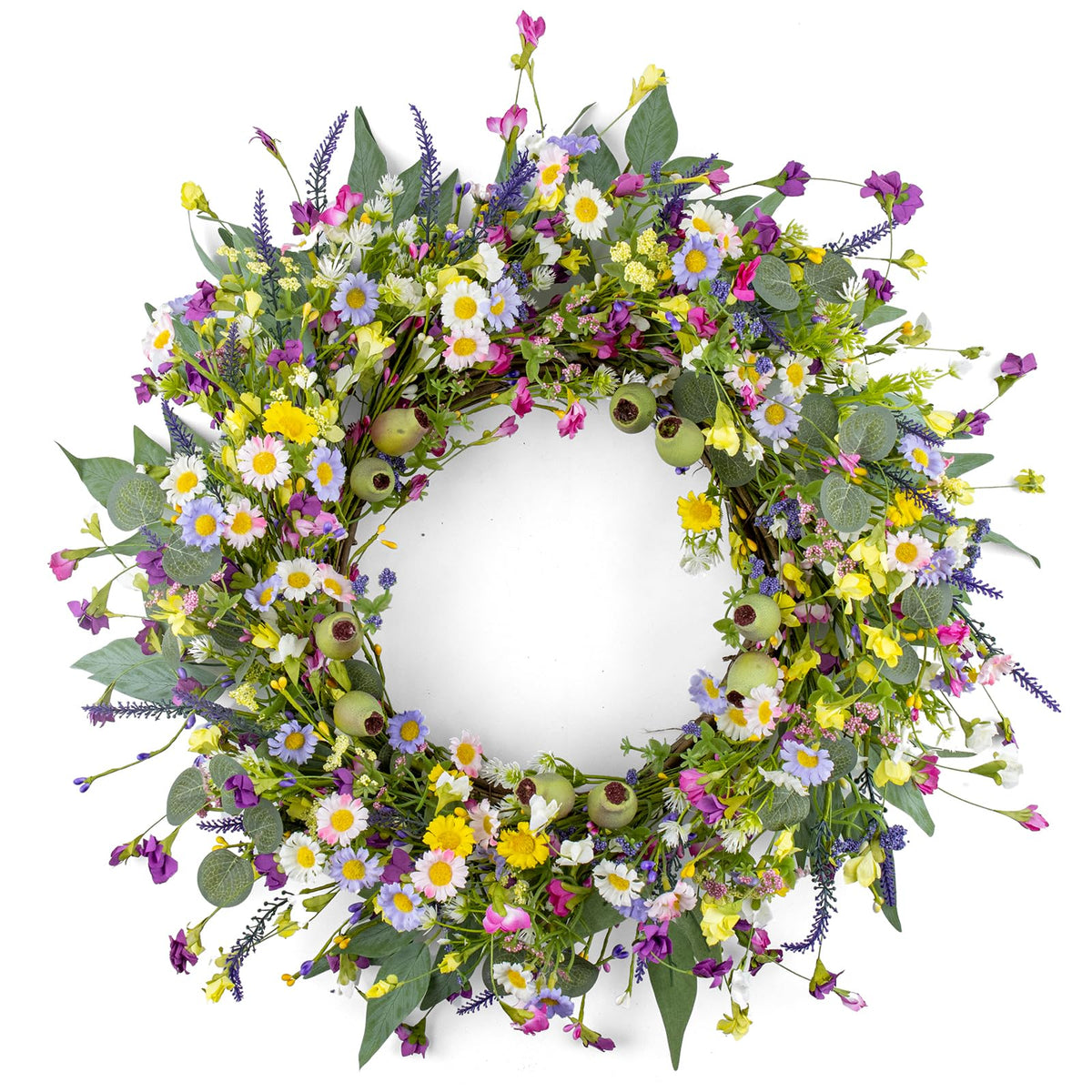 Yawwind 22 inch spring wreath on front door with wildflowers enhances curb appeal.