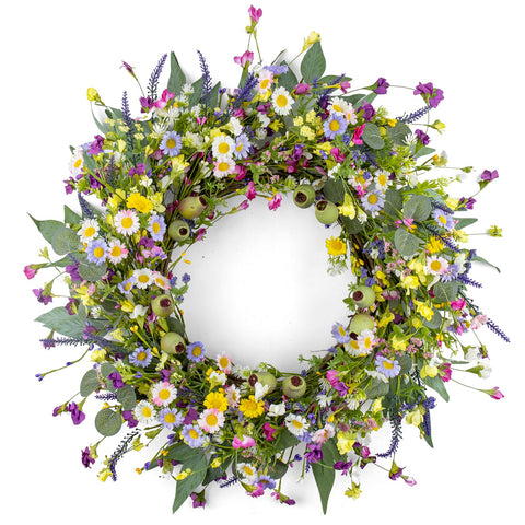 Yawwind 22 inch spring wreath on front door with wildflowers enhances curb appeal.