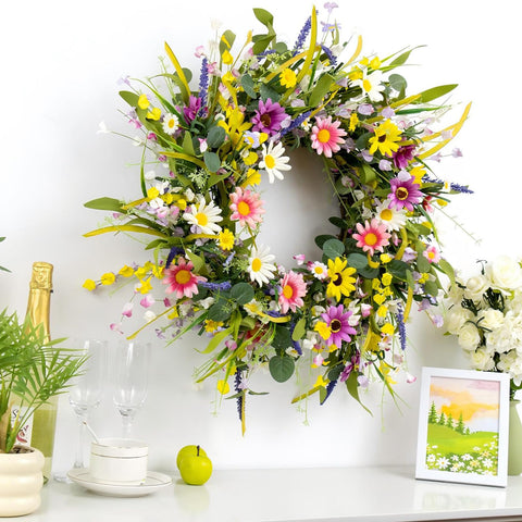 Yawwind colorful wreath with daisies and lavender brightens any room.