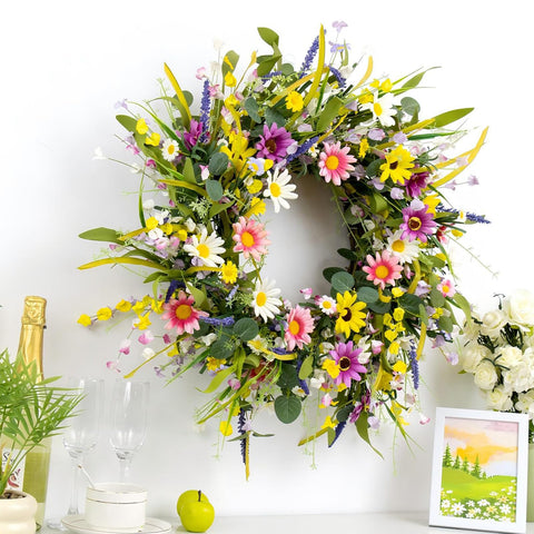 Yawwind handmade floral wreath highlights sturdy fixed branches for lasting display.