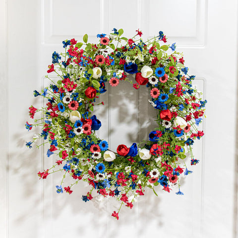 Yawwind red white blue tulips wreath adds vivid color to entrances.