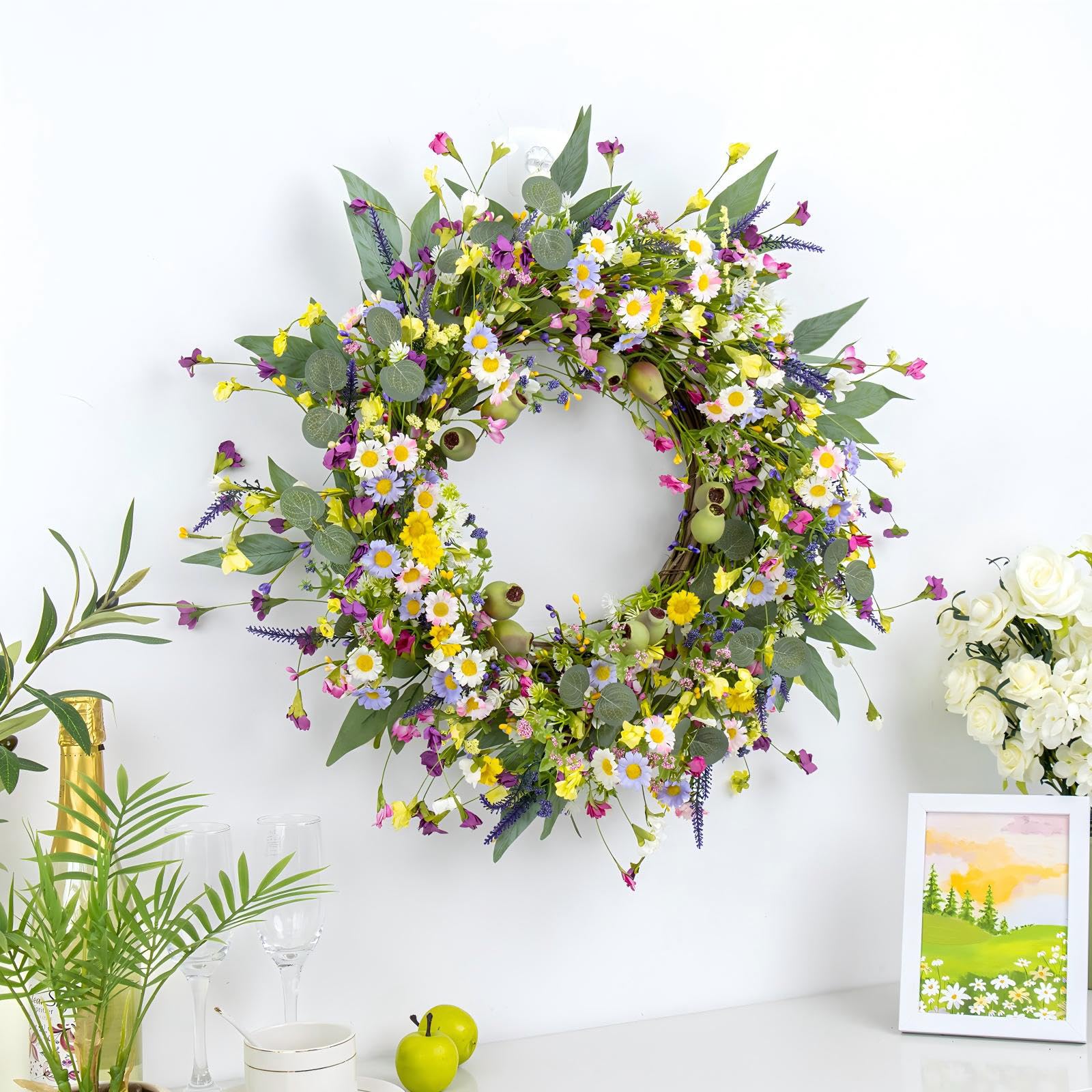 Yawwind spring wreath suited for indoor windows and porch displays adds color.