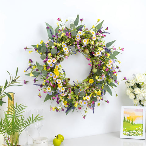 Yawwind spring wreath suited for indoor windows and porch displays adds color.