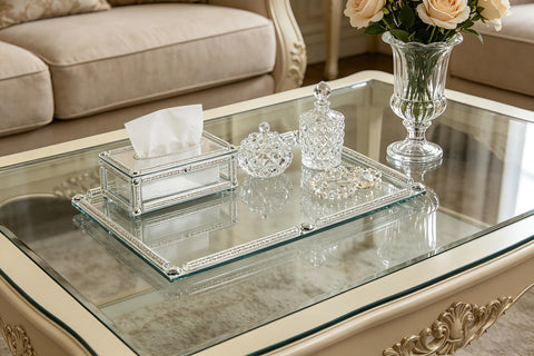 YCWF crushed diamond trim highlights cosmetics and jewelry on a vanity.