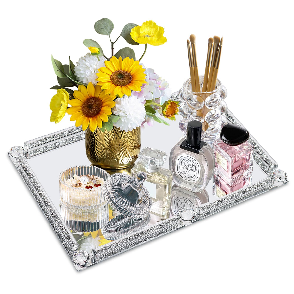 YCWF large mirror perfume tray with crystal diamonds for a sparkling dresser display.