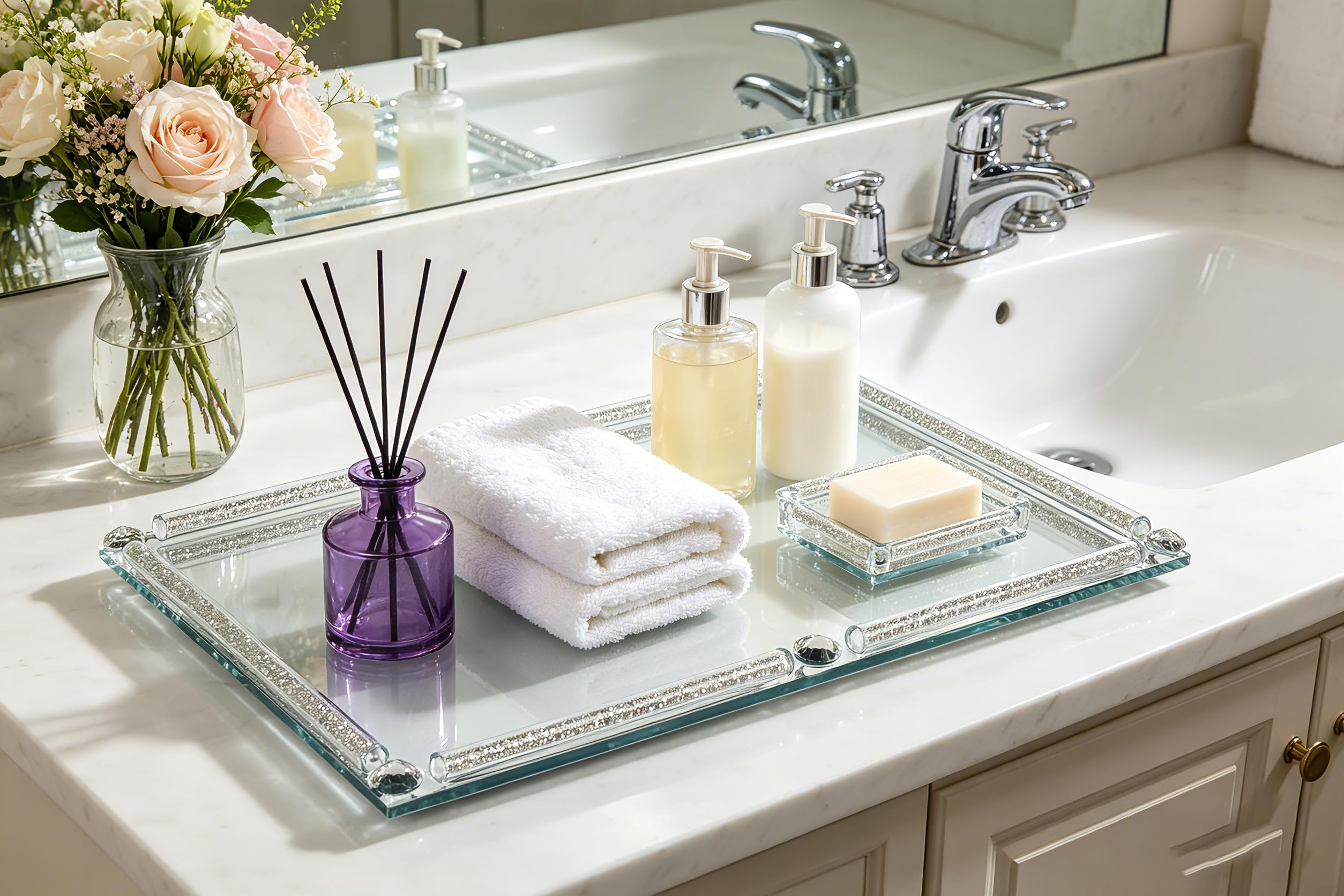 YCWF perfume and jewelry display tray ideal for organizing on a vanity.
