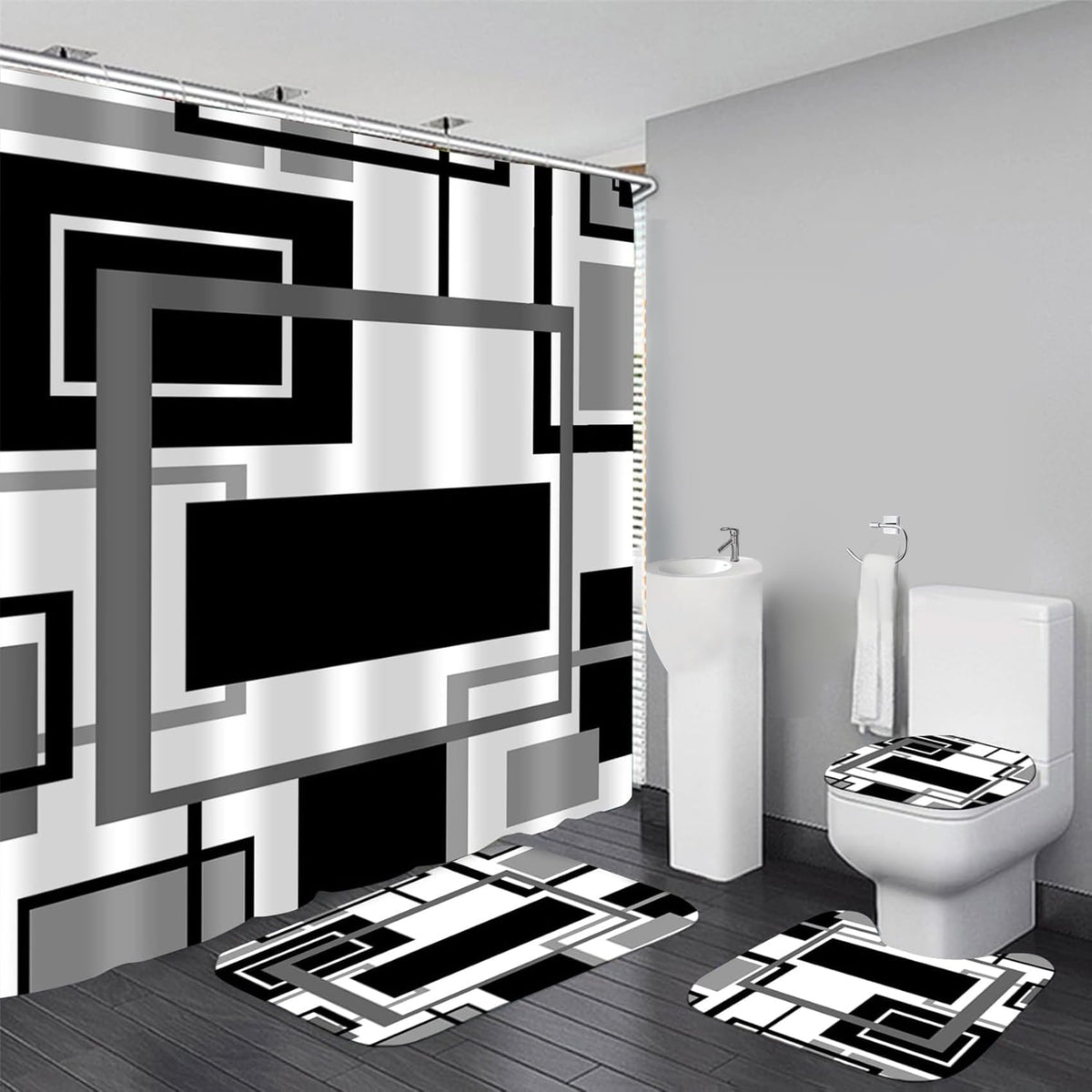 Yddsky black geometric shower curtain with vivid print for a modern bathroom look