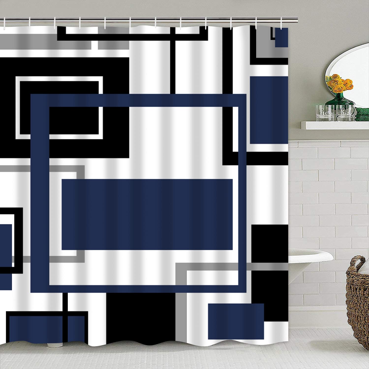 Yddsky blue geometric bath mat with non-slip bottom for safety and comfort