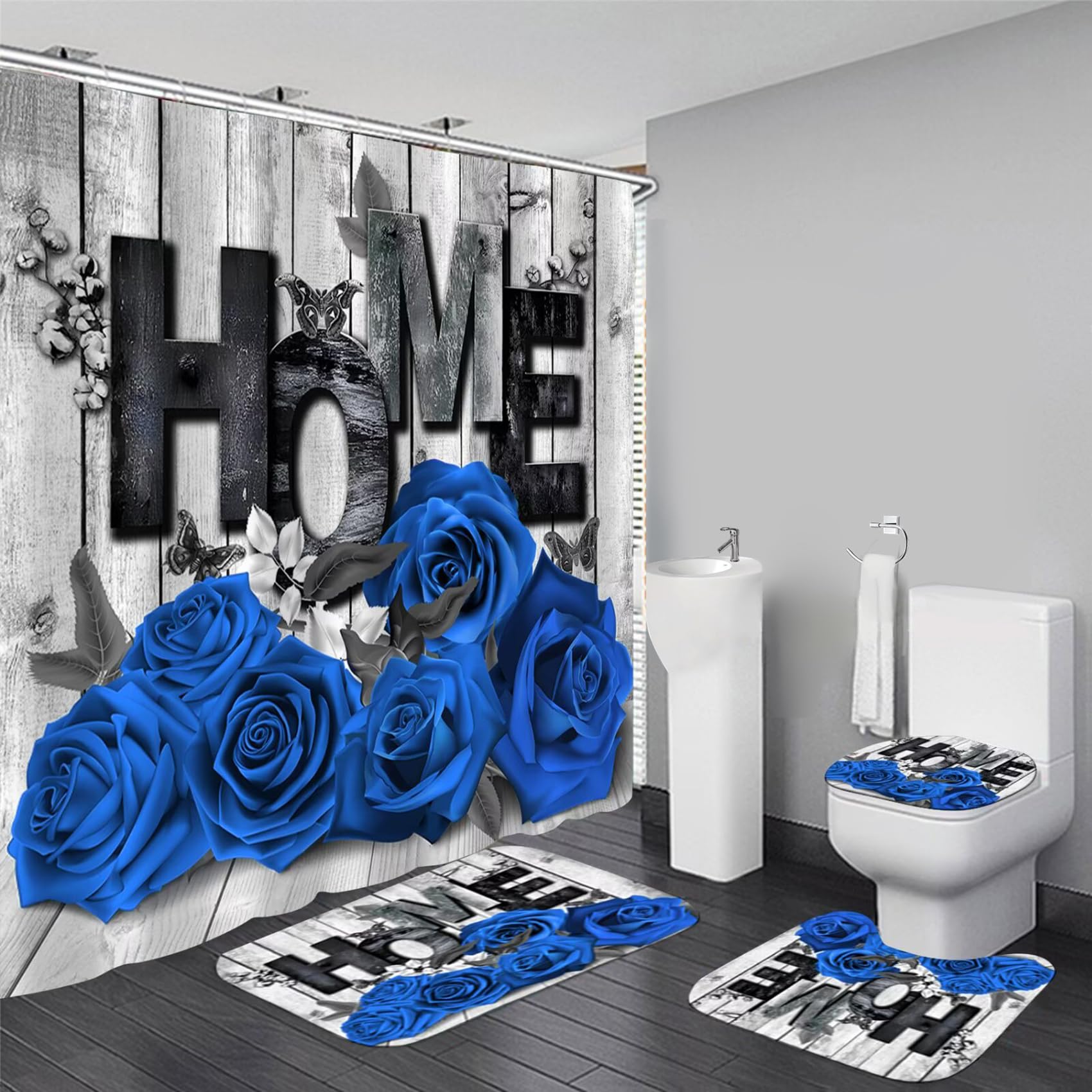 Yddsky Blue Rose Shower Curtain showing romantic design and easy-care fabric.