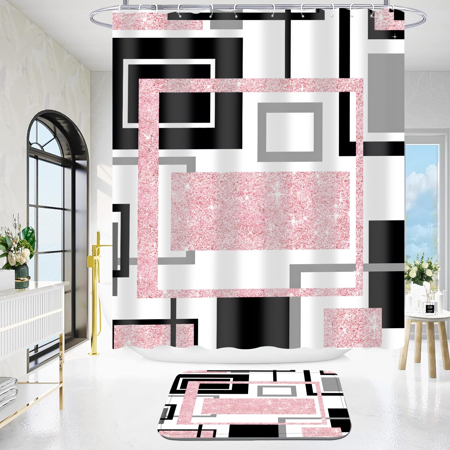 Yddsky high-resolution pink geometric print—vivid bathroom decor