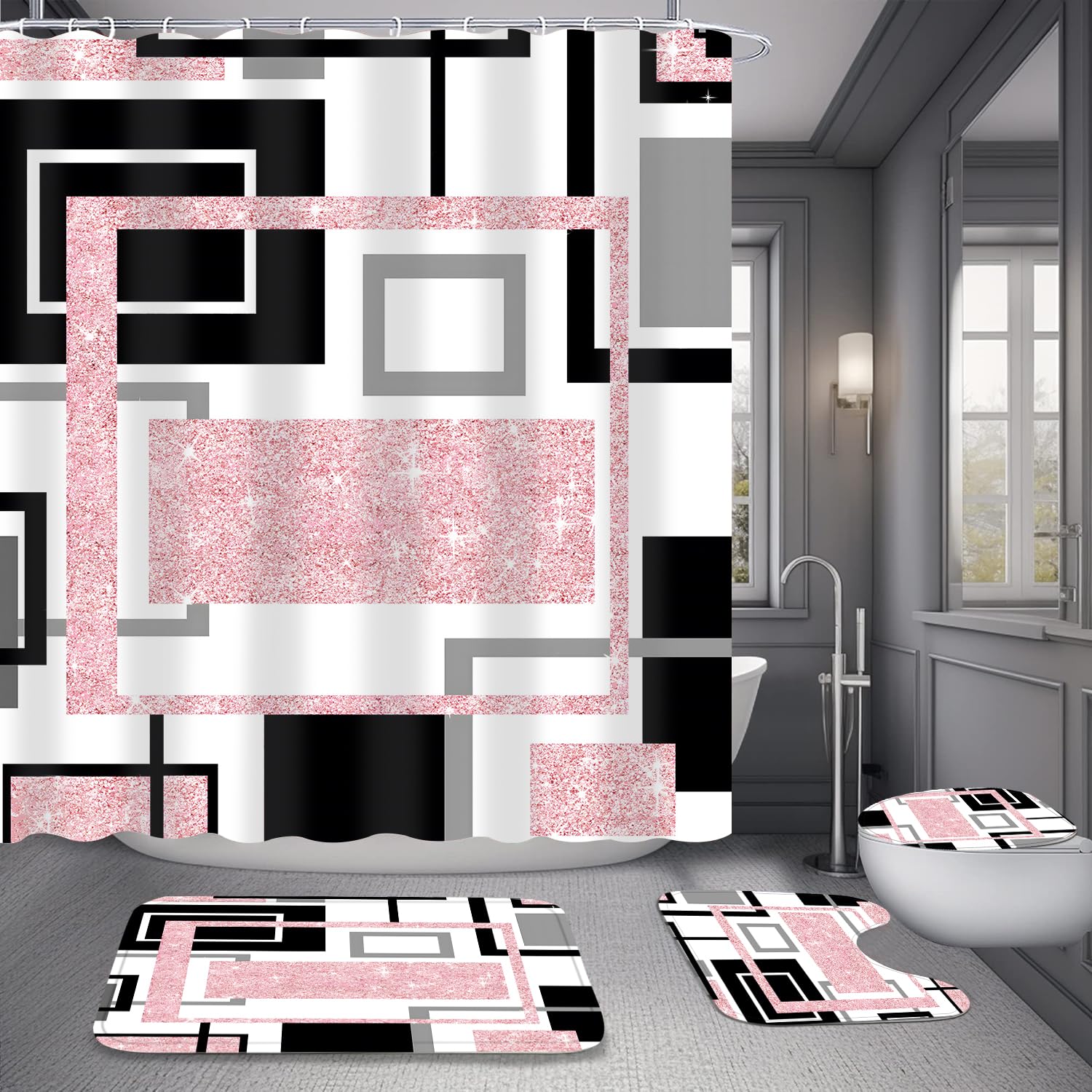 Yddsky pink geometric bath rug—soft feel and quick moisture absorption