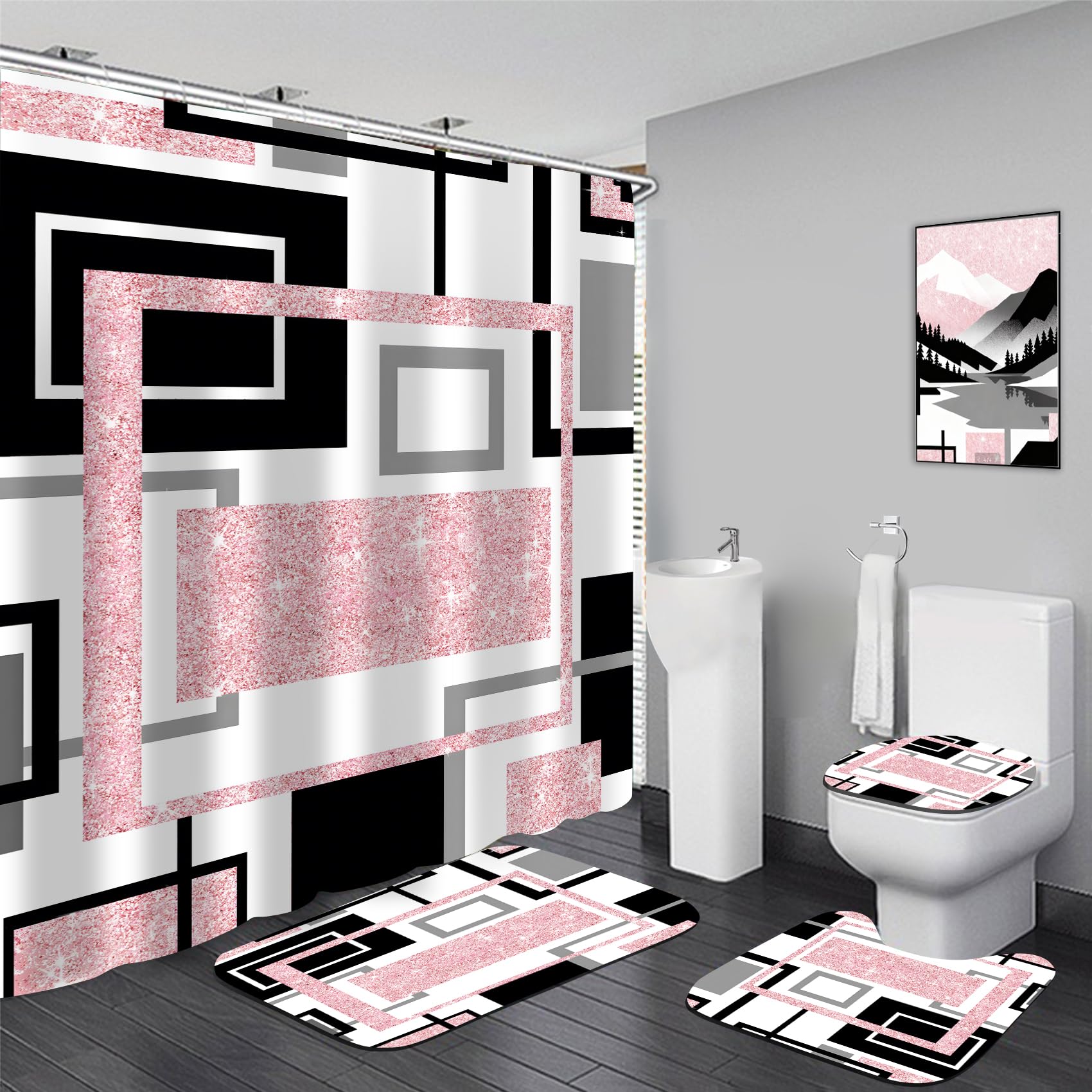 Yddsky pink geometric shower curtain—waterproof fabric adds bold style