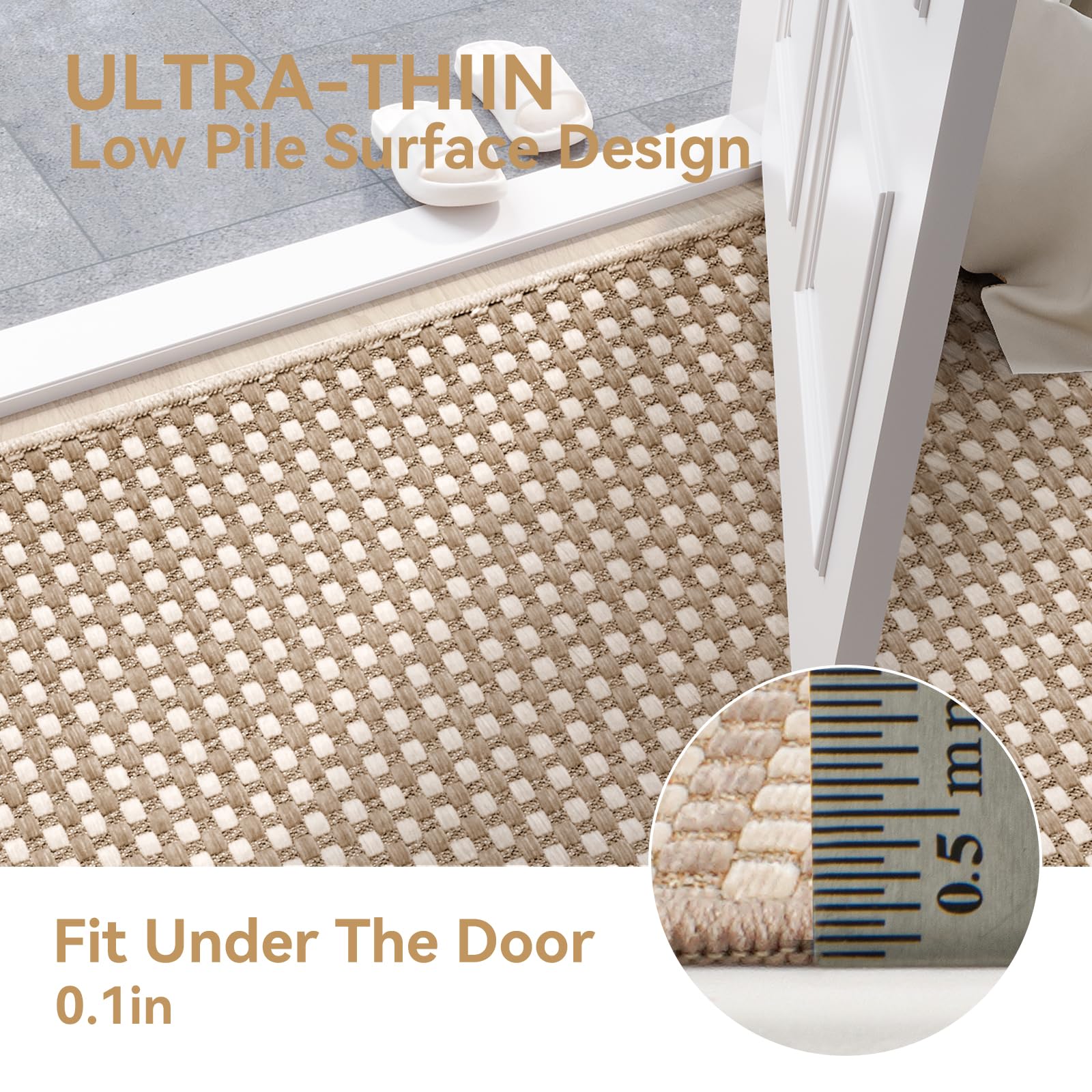 YDKGL rug with 0.1 inch thickness and 0.25 inch reinforced edges fits under doors