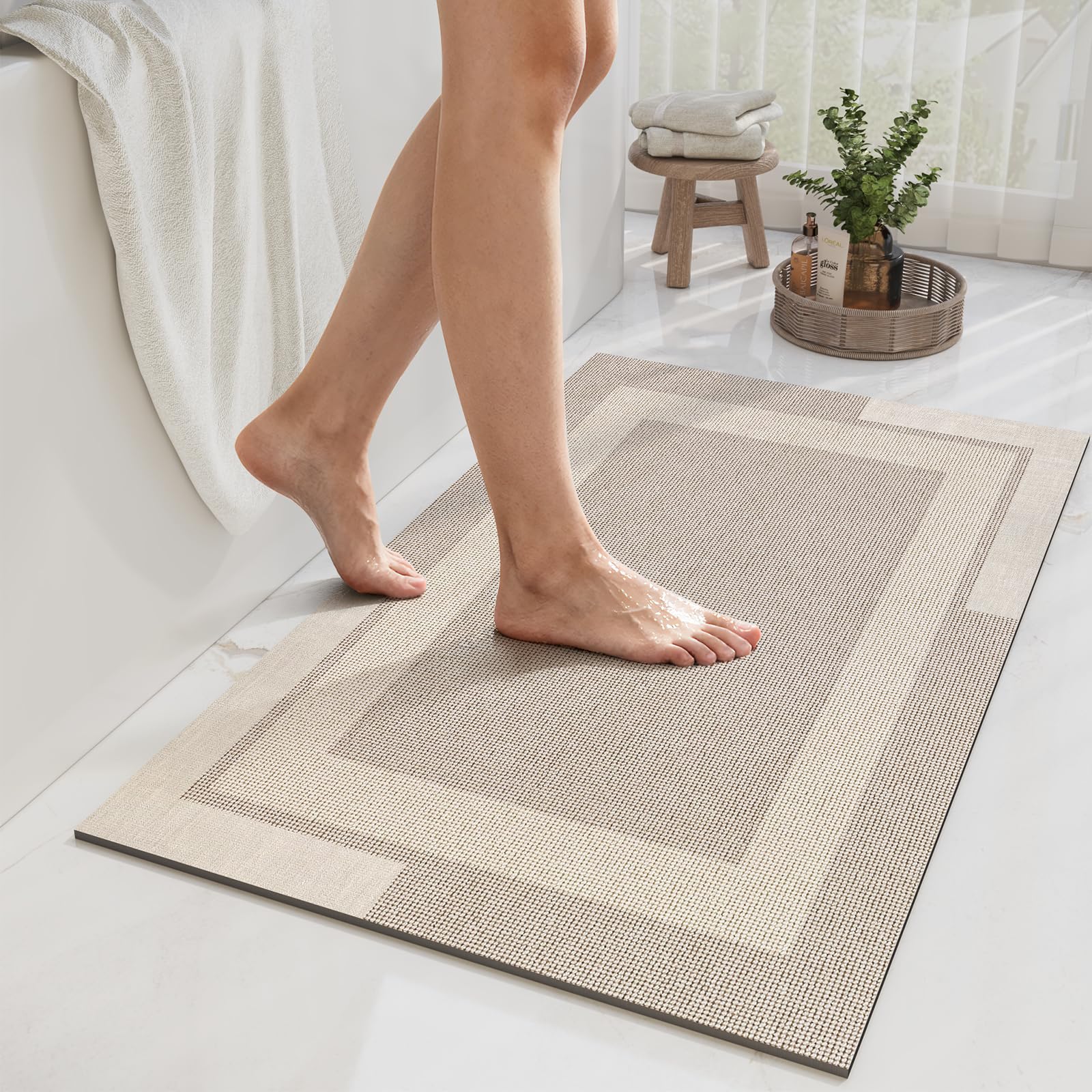 YDKGL non slip bath mat beige full view showing safety and style.