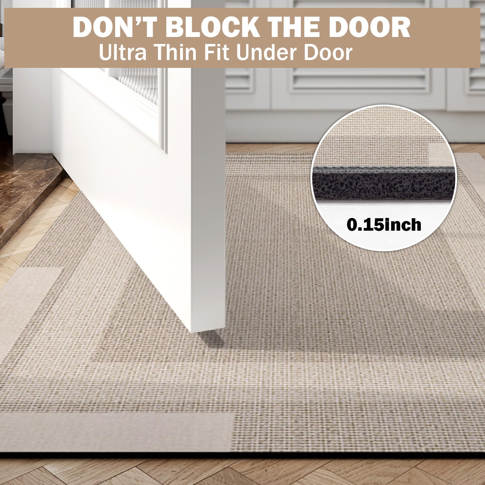YDKGL bath mat under-door coverage demonstrates thin profile for easy doorway passage