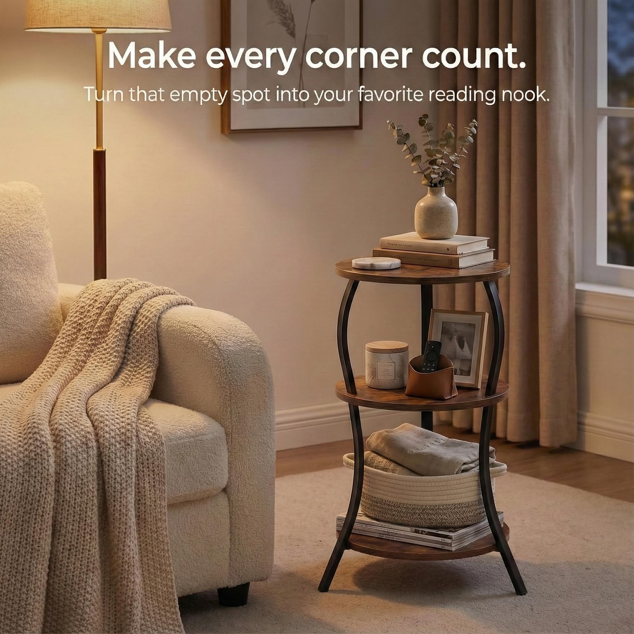 YEAKOO Vintage side table shown in living room beside sofa for convenient use.