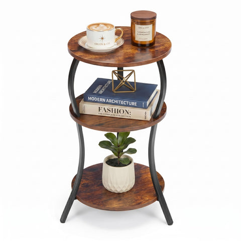 YEAKOO Vintage side table with round wooden top, ideal beside a sofa for drinks.