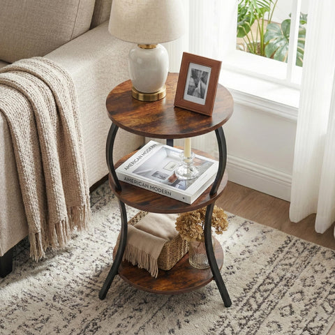 YEAKOO Three-tier storage table organizing books and decor.