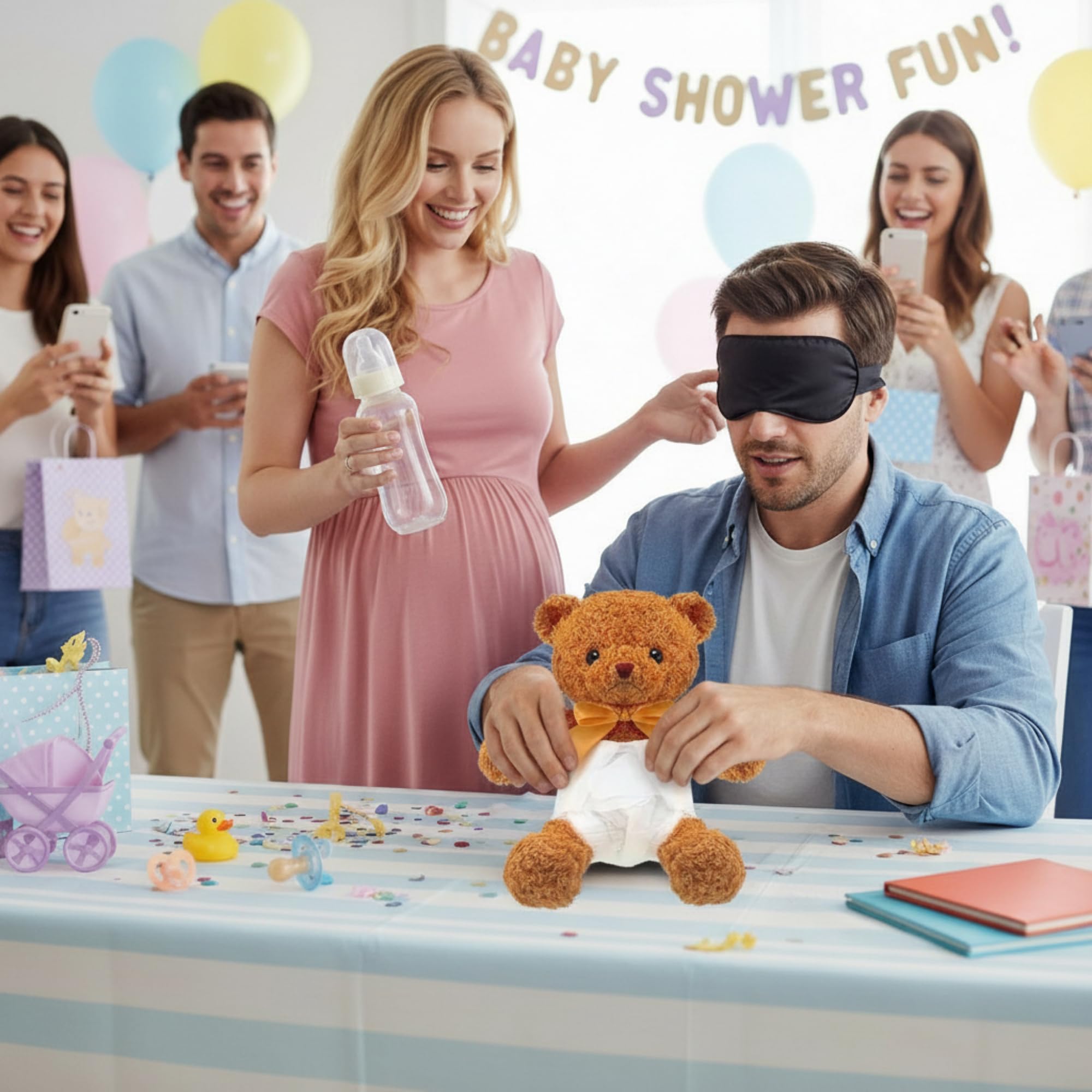 Yearntown bear diaper-changing game setup for a fun relay