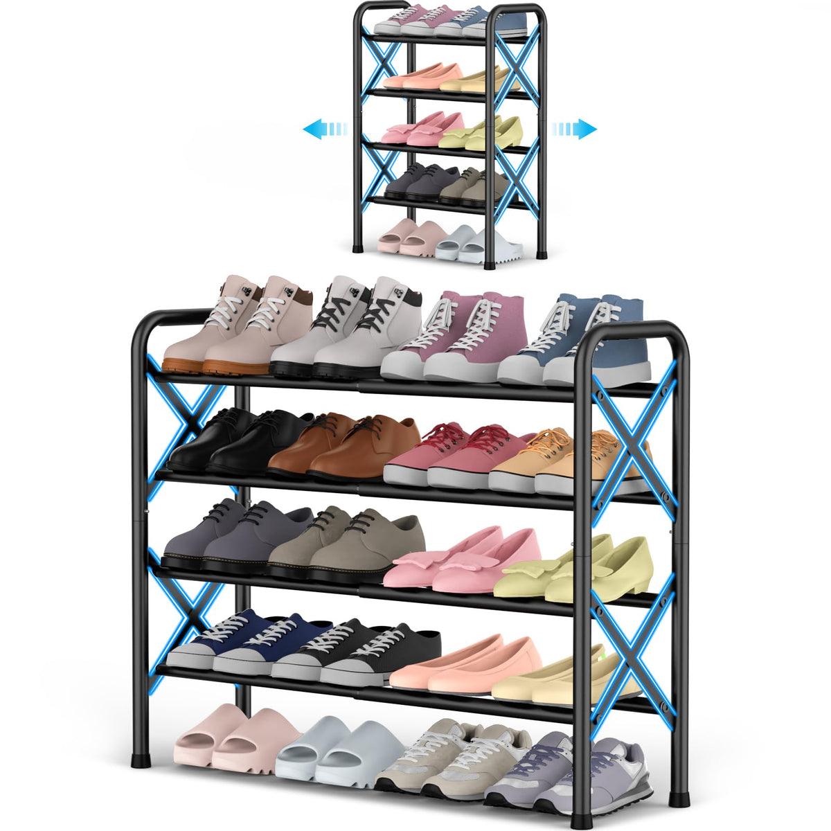 YEASHEIN 4-tier expandable shoe rack front view showing space-saving design for entryways