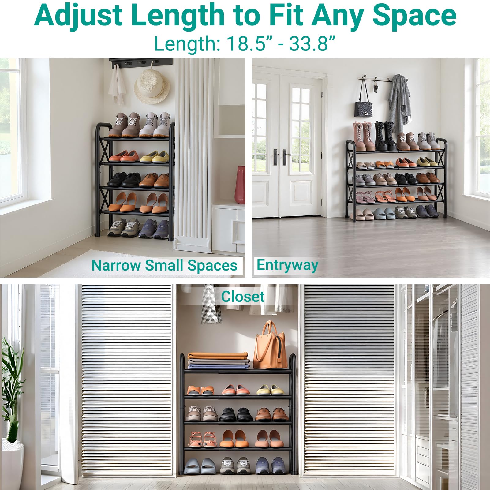 YEASHEIN expandable shoe rack side view illustrating adjustable length for narrow spaces
