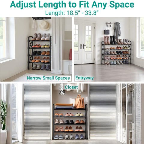 YEASHEIN expandable shoe rack side view illustrating adjustable length for narrow spaces