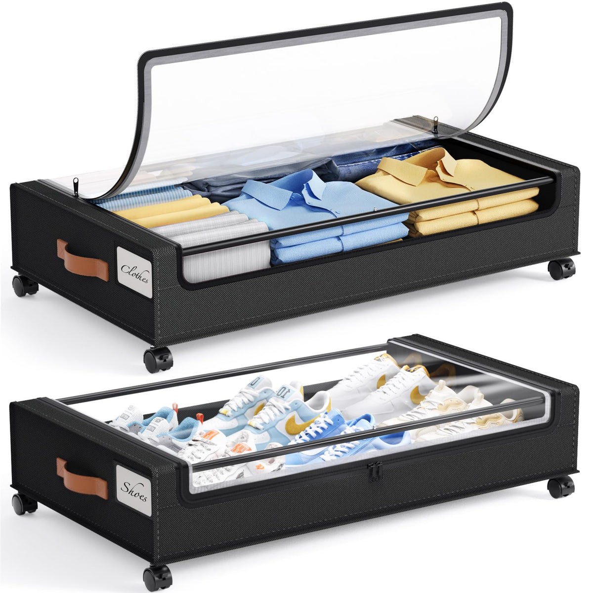 Yecaye 60L under-bed storage with wheels, ideal for organized clothes and shoes.