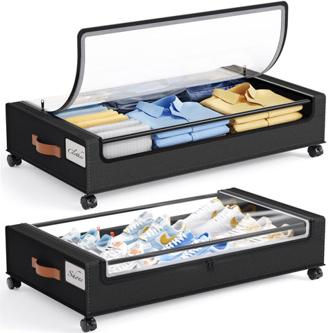 Yecaye 60L under-bed storage with wheels, ideal for organized clothes and shoes.