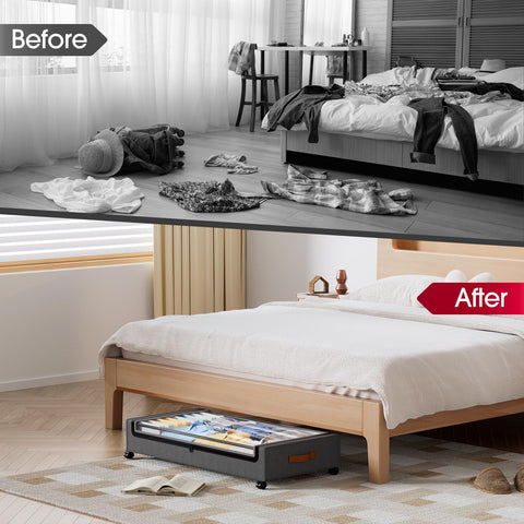 Yecaye 70L under-bed storage with wheels folded for compact storage.