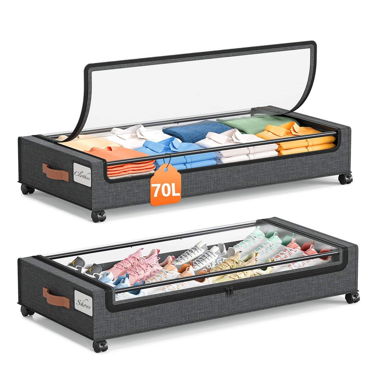 Yecaye 70L under-bed storage with wheels in front view for easy access.