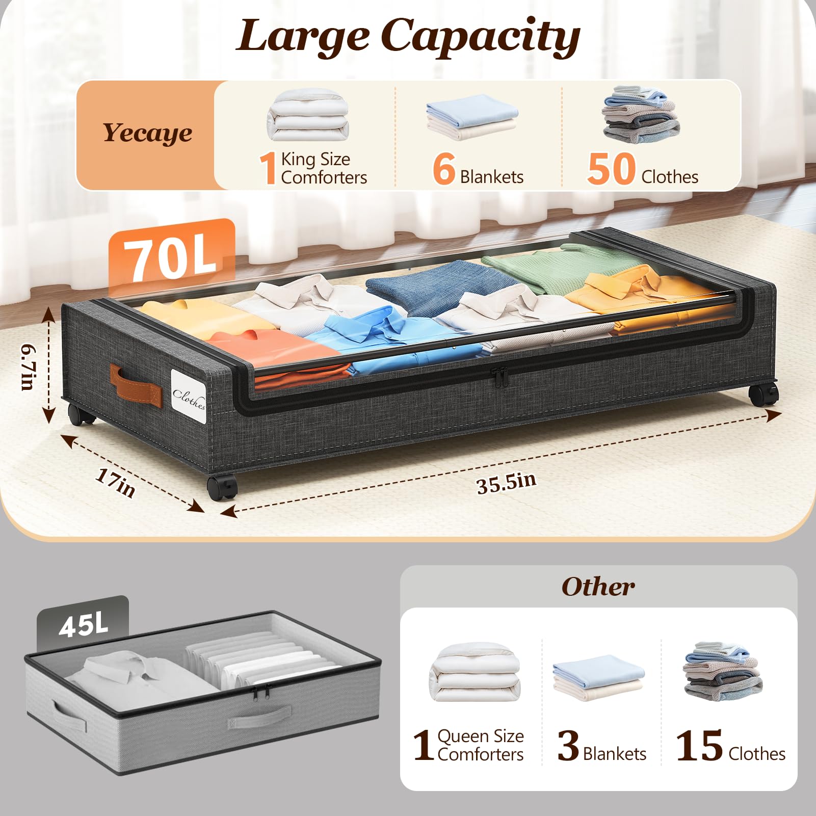 Yecaye 70L under-bed storage with wheels side view demonstrates compact footprint.