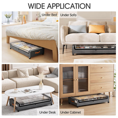 Yecaye 70L under-bed storage with wheels fits under beds and sofas.