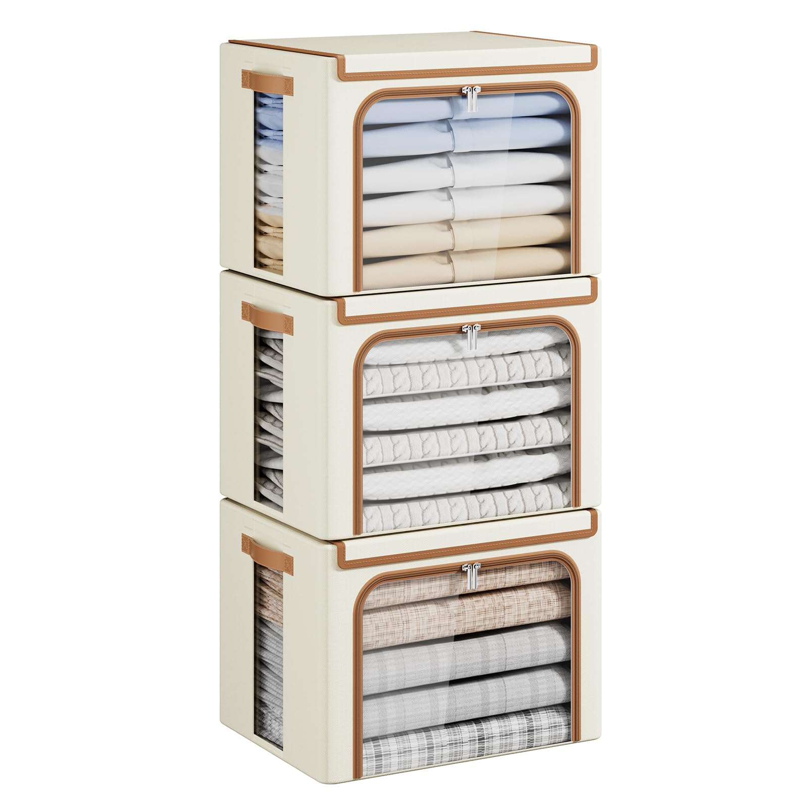 Yecaye storage bin with metal frame and beige fabric for sturdy storage.