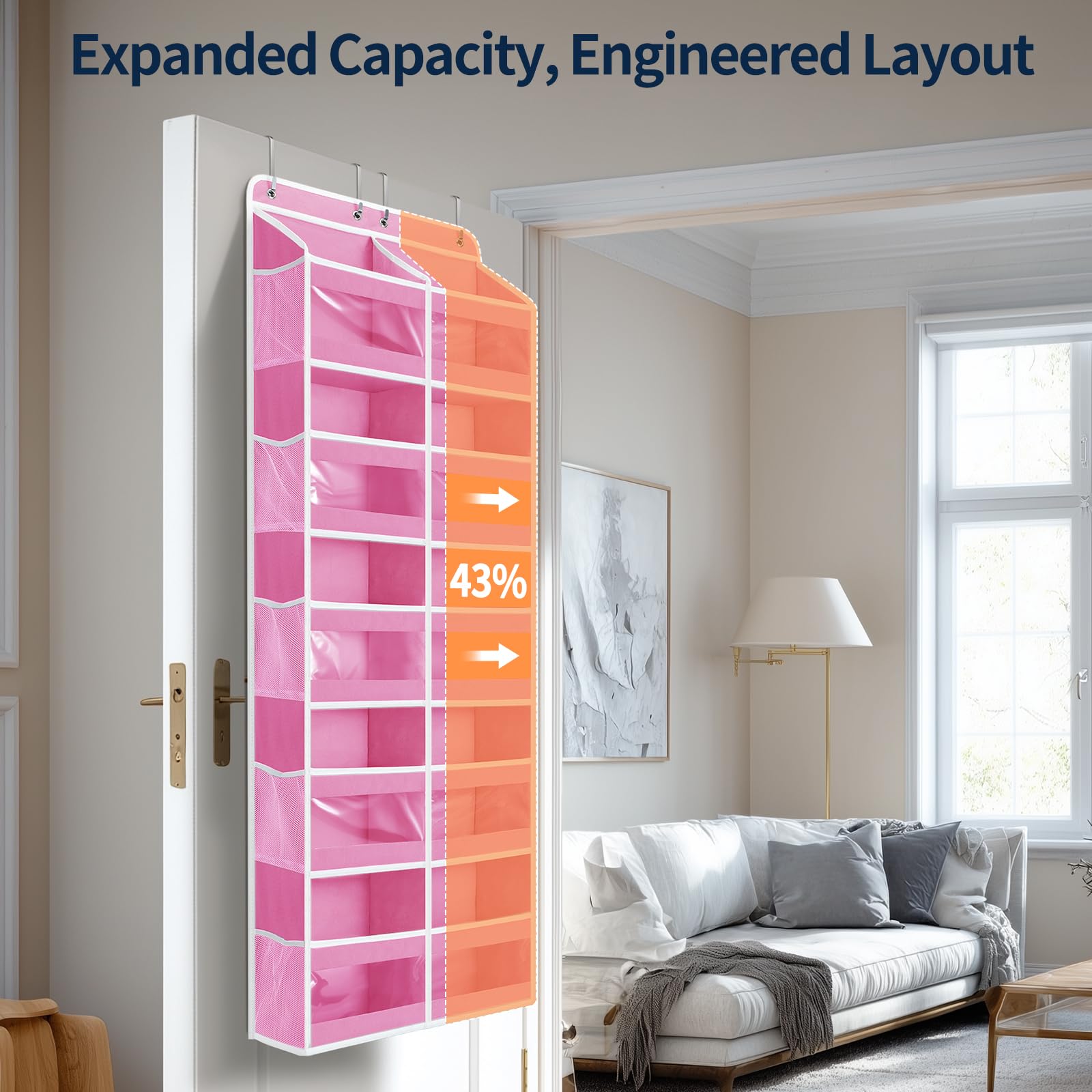 Yecaye organizer features four-point grip hooks for stable door mounting.