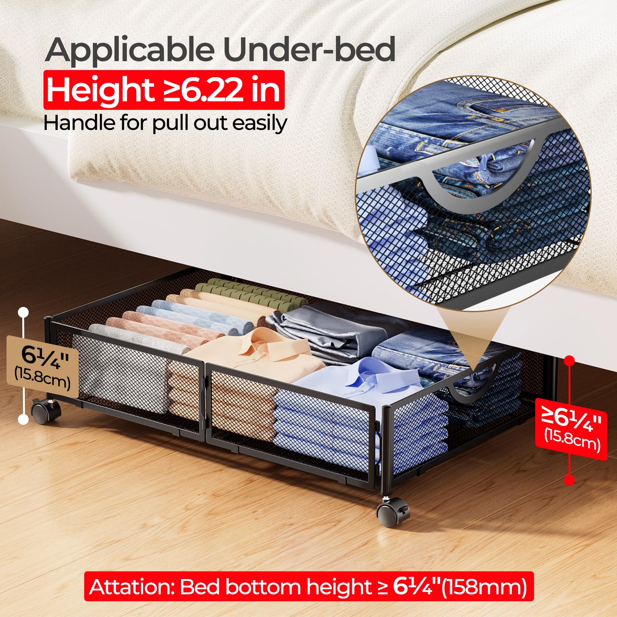 Yecaye foldable under-bed storage, compact when collapsed for small spaces.
