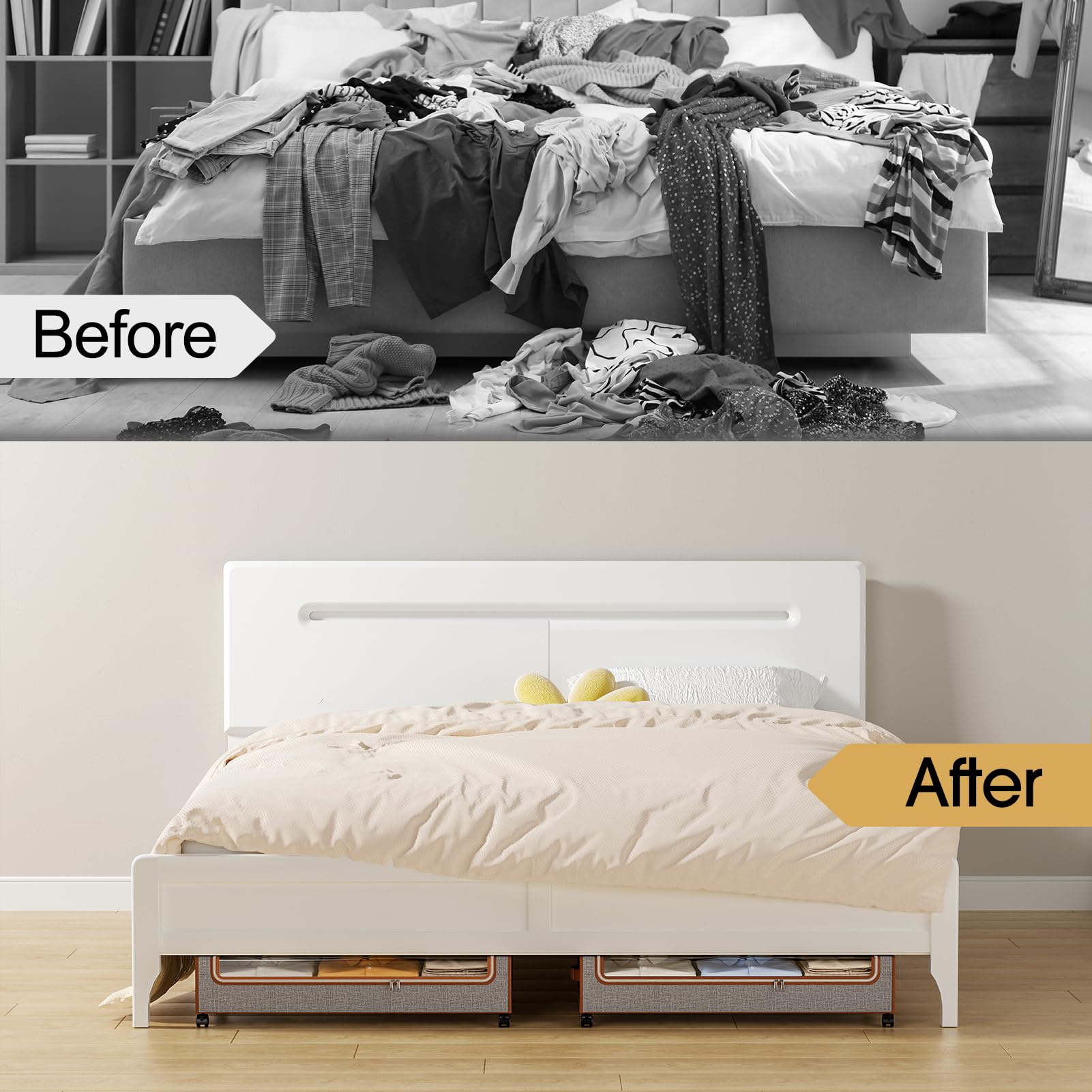 Yecaye labeled under-bed bins help keep items organized.