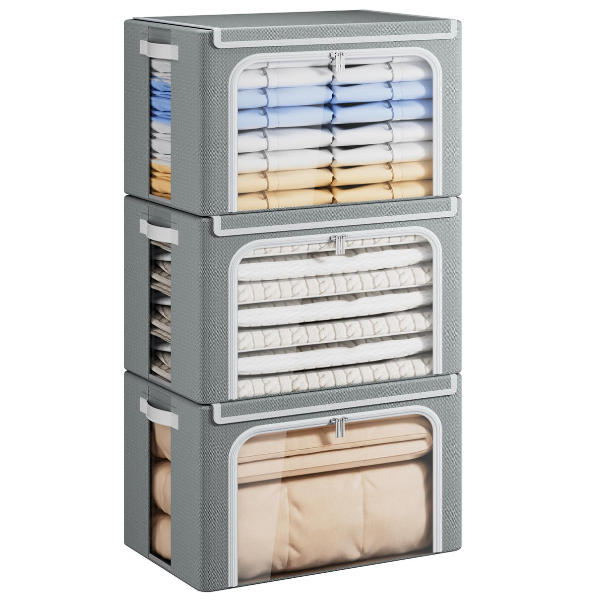 Yecaye large clothes storage bin with lid, sturdy gray fabric and clear front window.