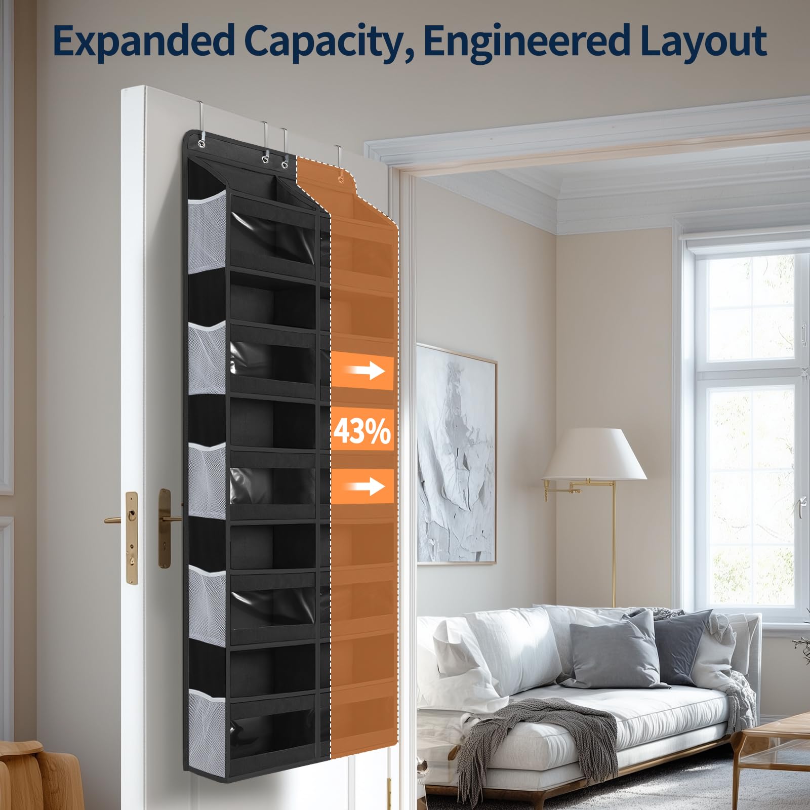 Yecaye organizer 4-point grip close-up demonstrating sturdy door hanging