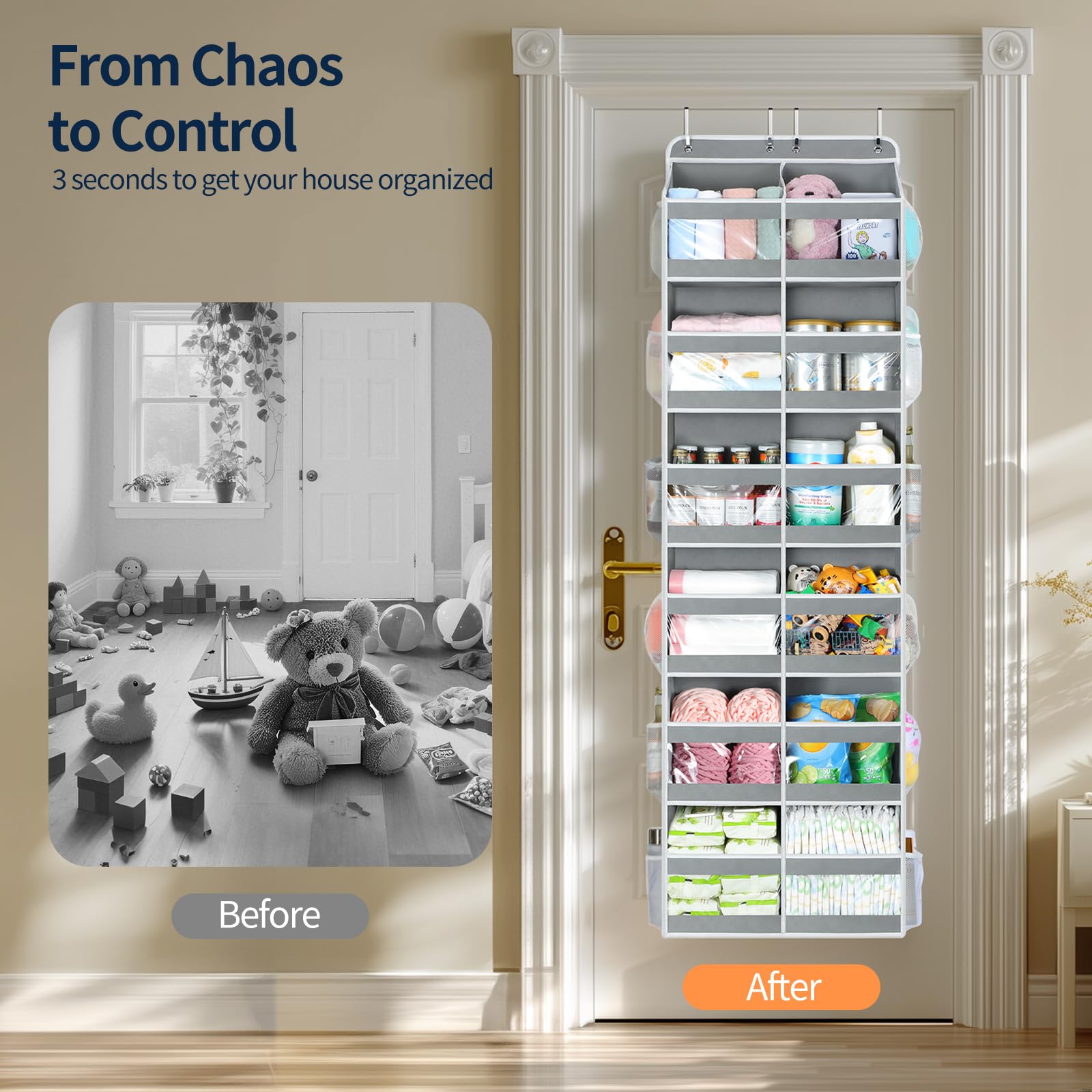 Yecaye over-the-door organizer 12 compartments back panel stores clothes neatly.
