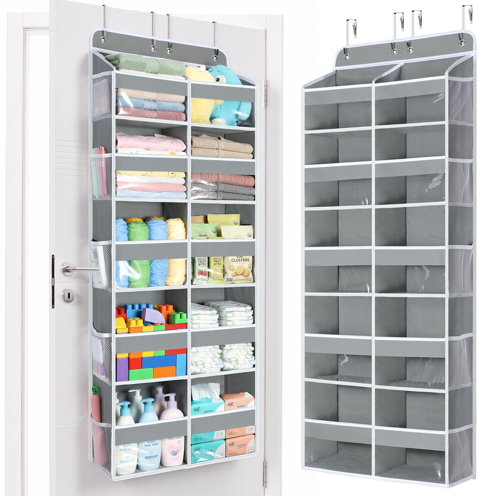 Yecaye over the door organizer front view showing 5 tiers and clear window for quick access