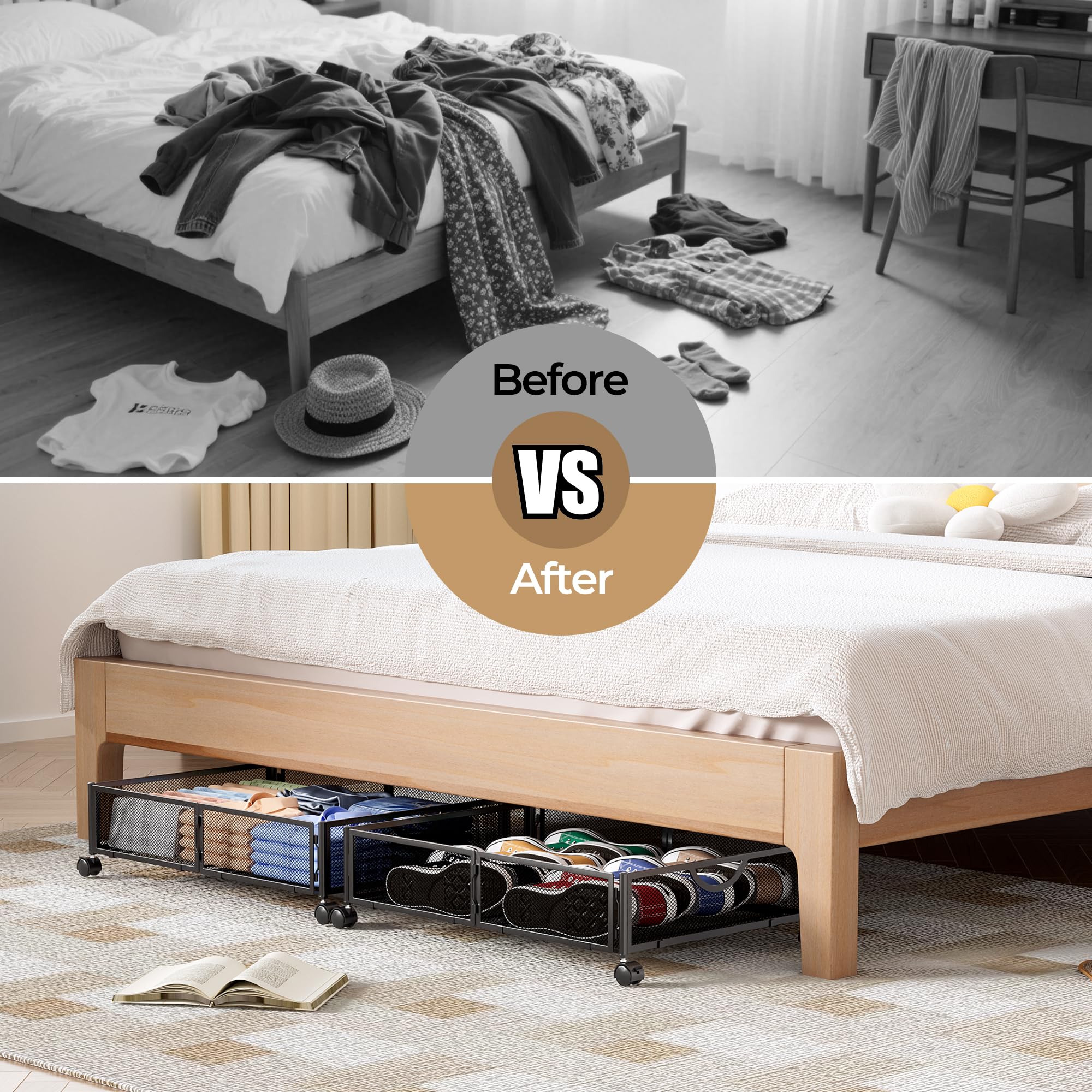 Yecaye under-bed storage on wheels, versatile for clothes, shoes, and extras.