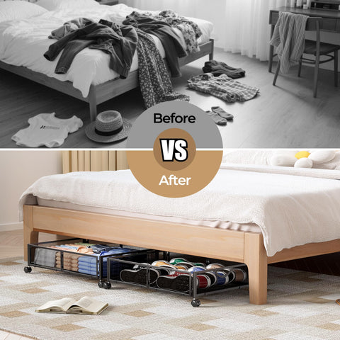Yecaye under-bed storage on wheels, versatile for clothes, shoes, and extras.