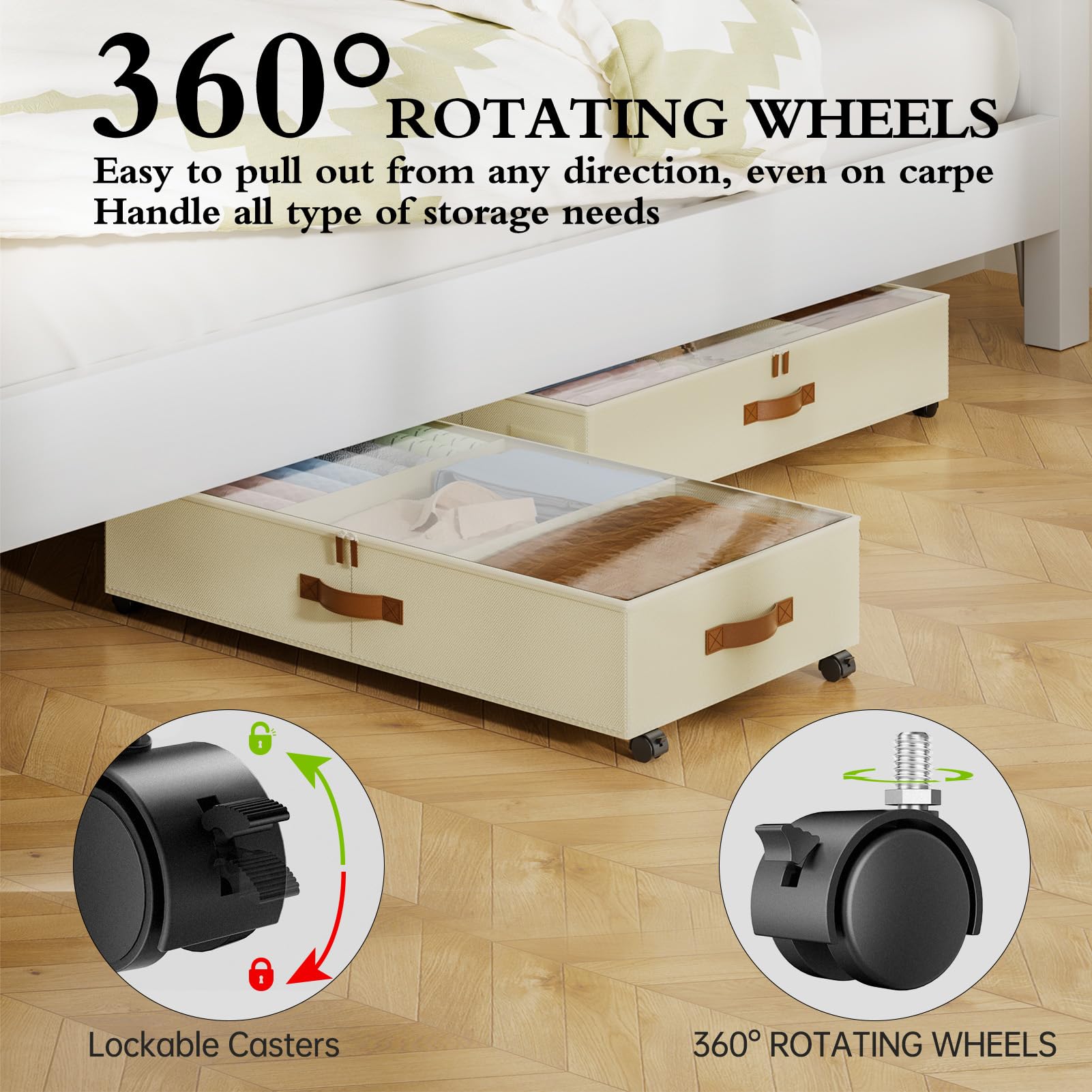 Yecaye under-bed storage with 360-degree wheels for smooth mobility