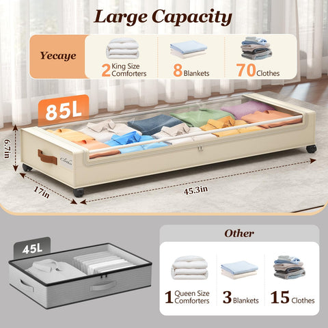 Yecaye under-bed storage with 360° wheels for easy sliding.