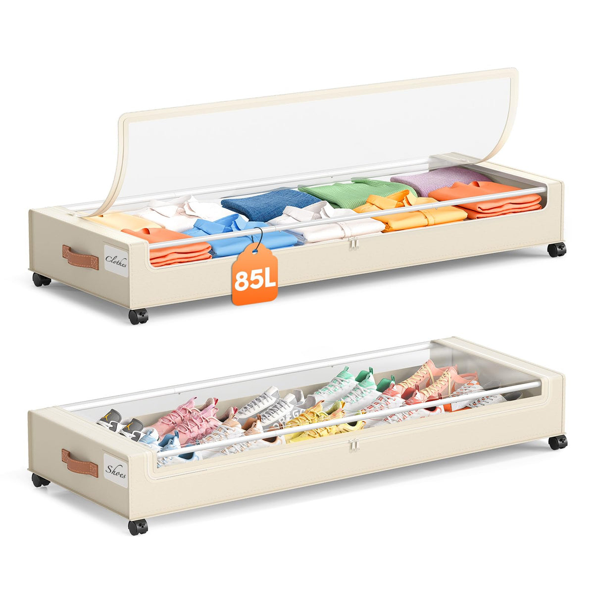 Yecaye 85L under-bed storage with clear lid for quick content visibility.